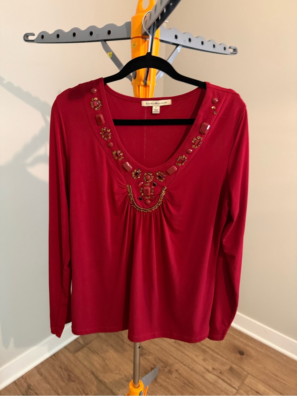 Debbie Morgan Red Long-Sleeve Embellished V-Neck Top